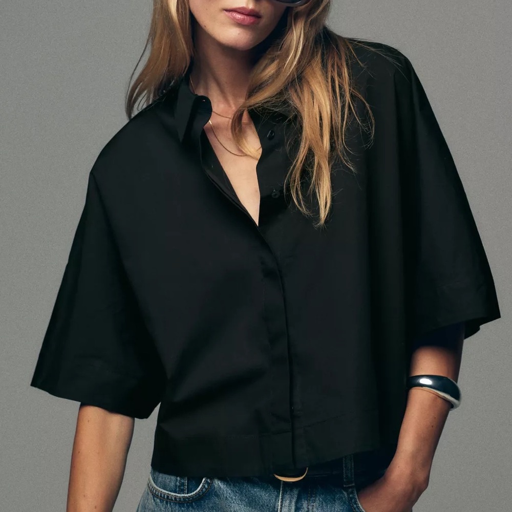 ZARA Wide Sleeve Poplin Shirt - Black - XS